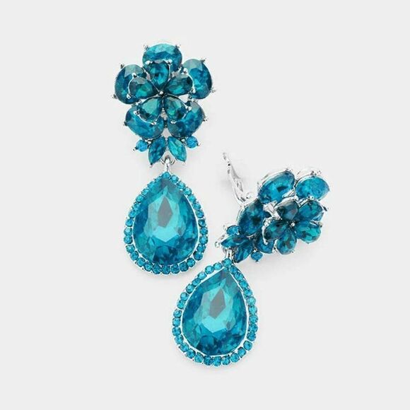 Flower Blue Zircon Crystal Teardrop Dangle Clip on Earrings - Picture 1 of 6